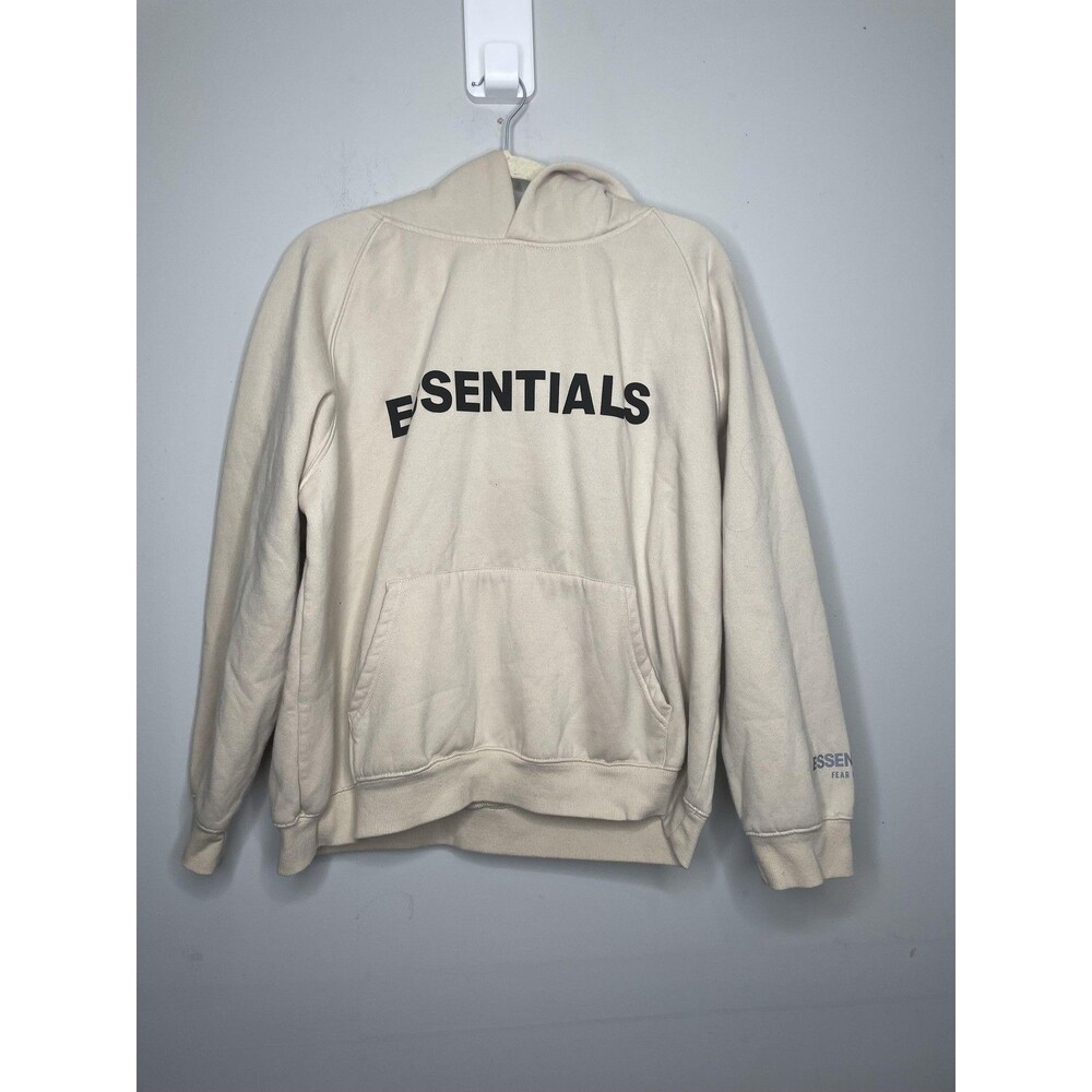 ESSENTIALS Fear Of God Hoodie Mens Large Beige Logo Fleece Pullover Sweatshirt